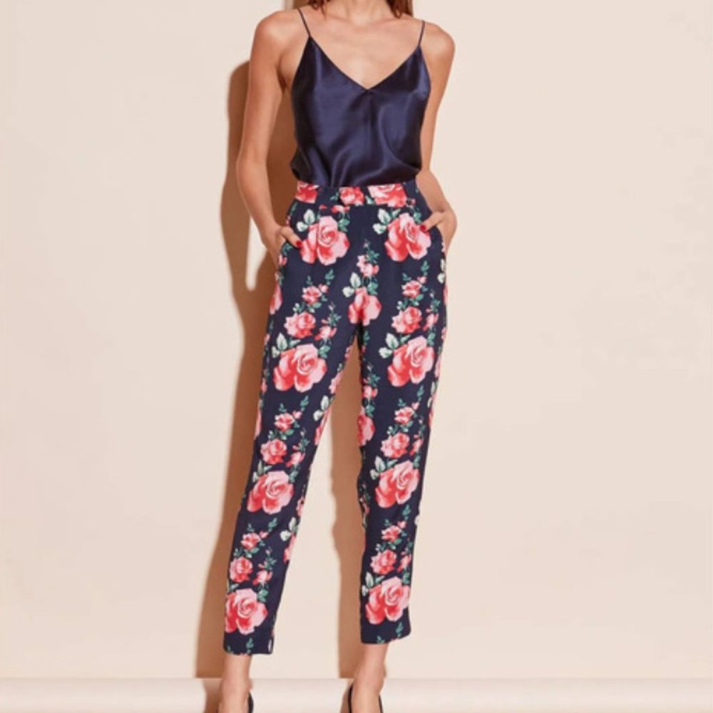 Fleur du Mal Navy Floral Silk Tapered Pants in Vintage Rose
